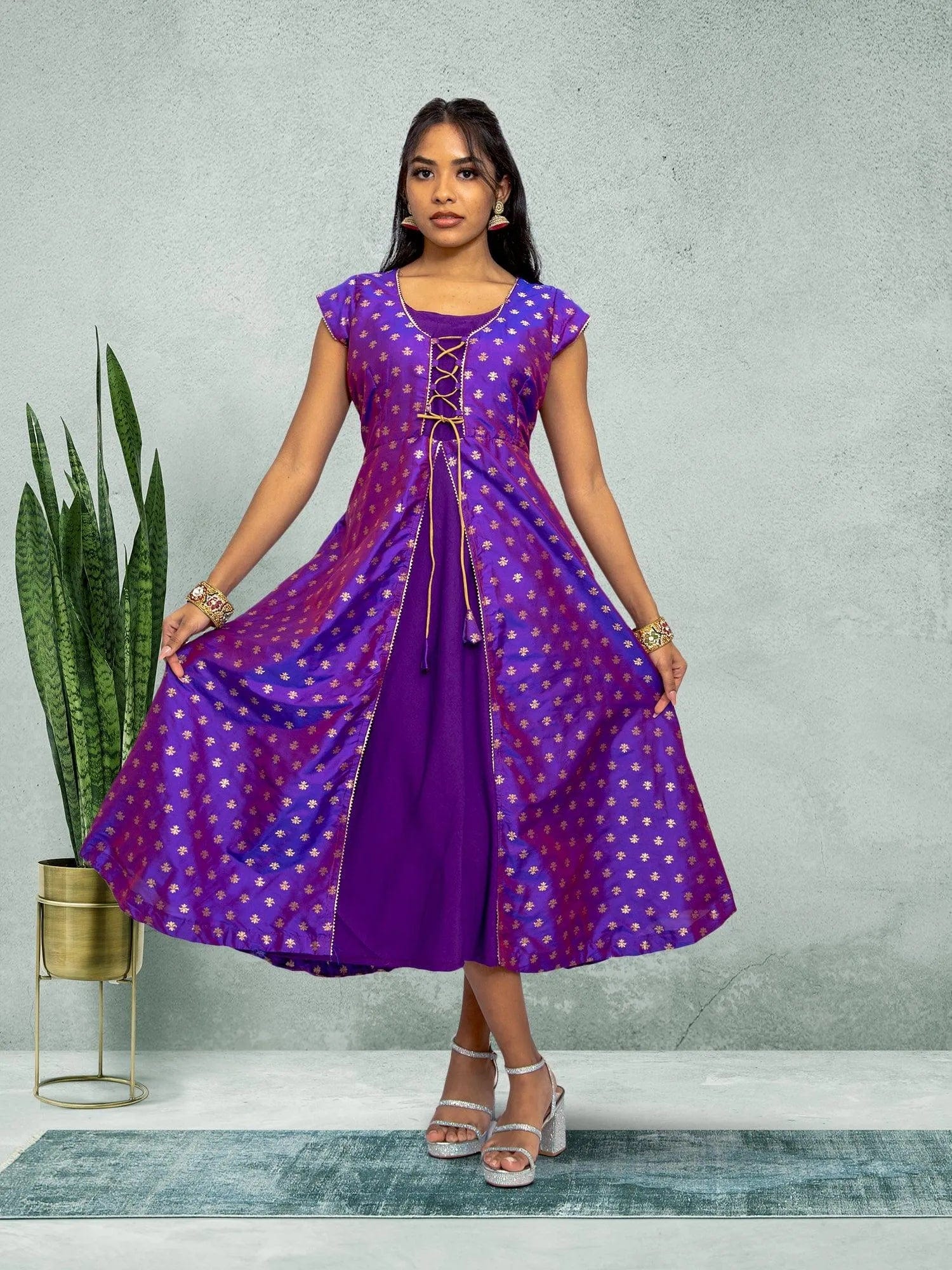 Purple Gold Silk Knee-Length Ethno-Chic Dress Muvvas Boutique