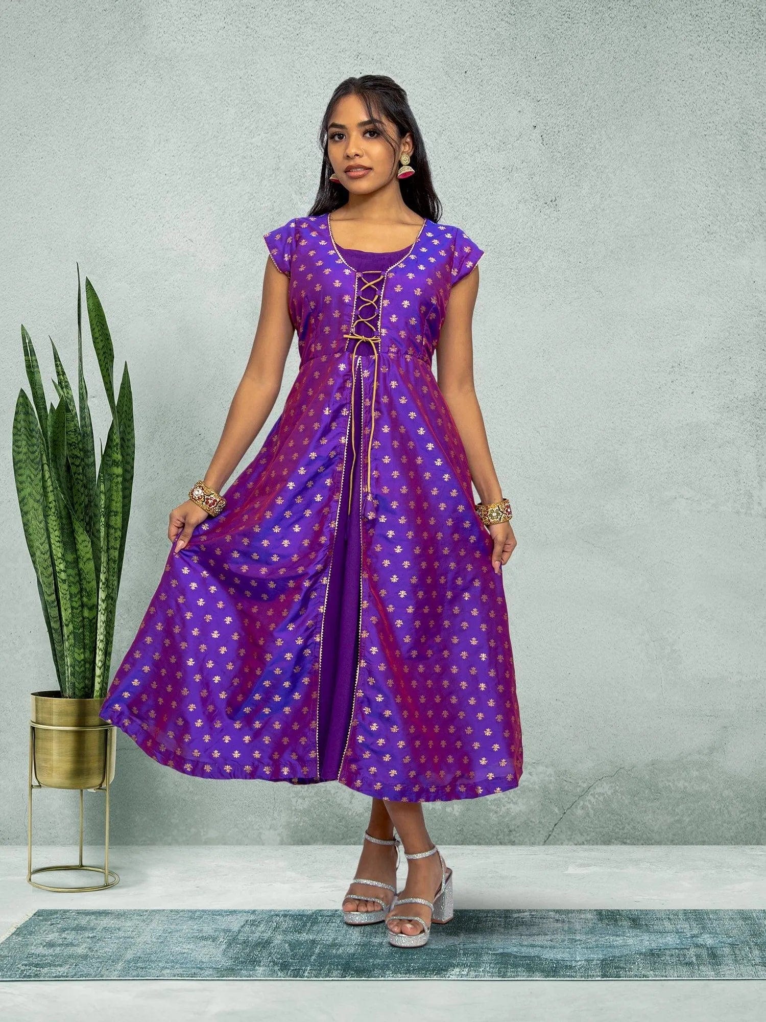 Purple Gold Silk Knee-Length Ethno-Chic Dress | Muvvas Boutique Purple Gold Silk Knee-Length Ethno-Chic Dress | Muvvas Boutique