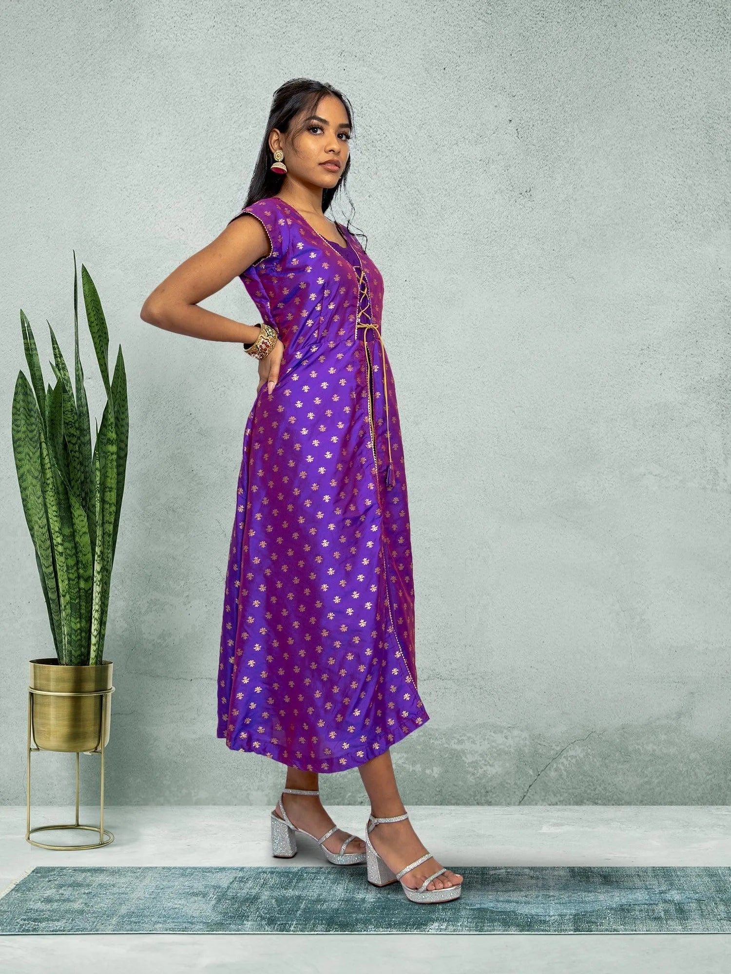 Luxurious Purple and Gold Silk Knee Length Dress Indian Ethnic Wear Muvvas Boutique