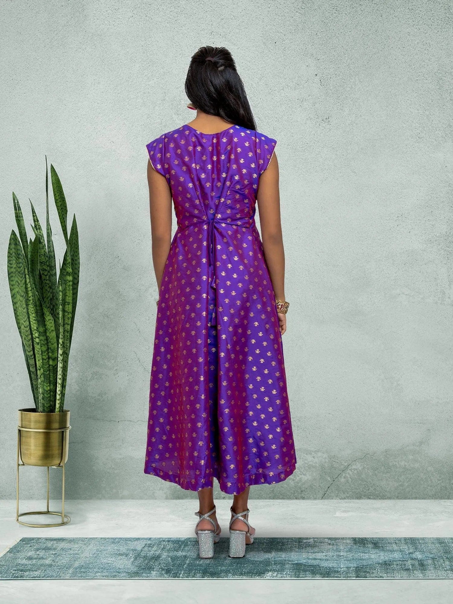 Purple Gold Silk Knee-Length Ethno-Chic Dress | Muvvas Boutique Purple Gold Silk Knee-Length Ethno-Chic Dress | Muvvas Boutique