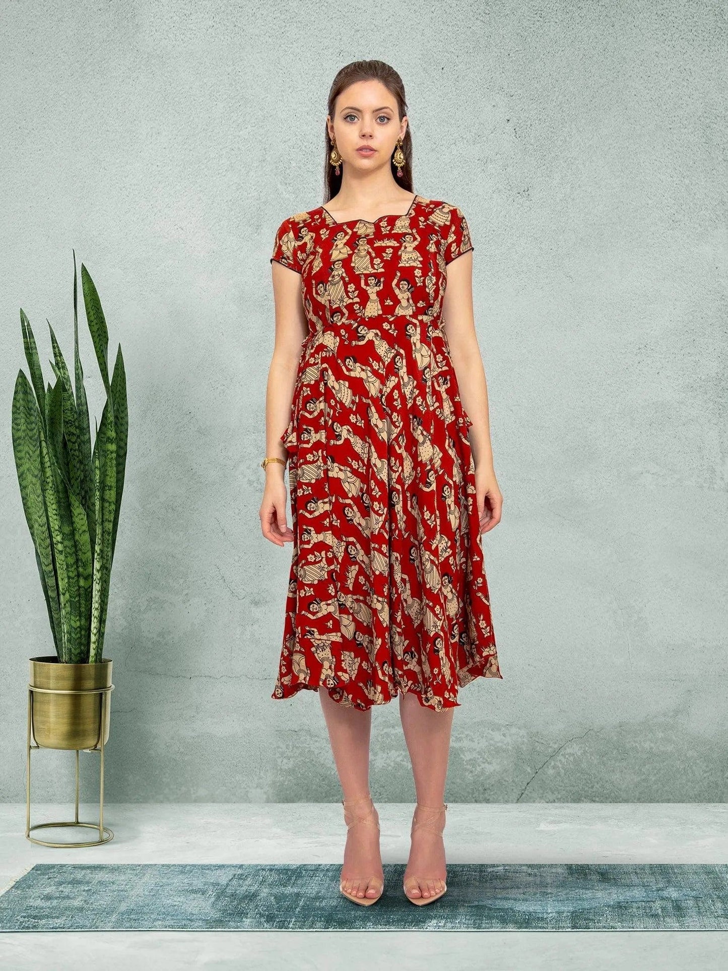 Red Knee Length Dress - Elegant Fusion Style  | Indian Contemporary Clothing  | indian outfits usa | Indian Ethnic Wear | Modern Indian Wear | Indian Attire For Women