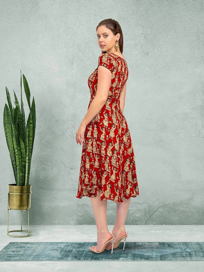 Red Knee Length Dress - Elegant Fusion Style  | Indian Contemporary Clothing  | indian outfits usa | Indian Ethnic Wear | Modern Indian Wear | Indian Attire For Women