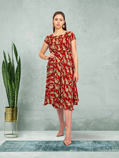 Red Knee Length Dress - Elegant Fusion Style  | Indian Contemporary Clothing  | indian outfits usa | Indian Ethnic Wear | Modern Indian Wear | Indian Attire For Women