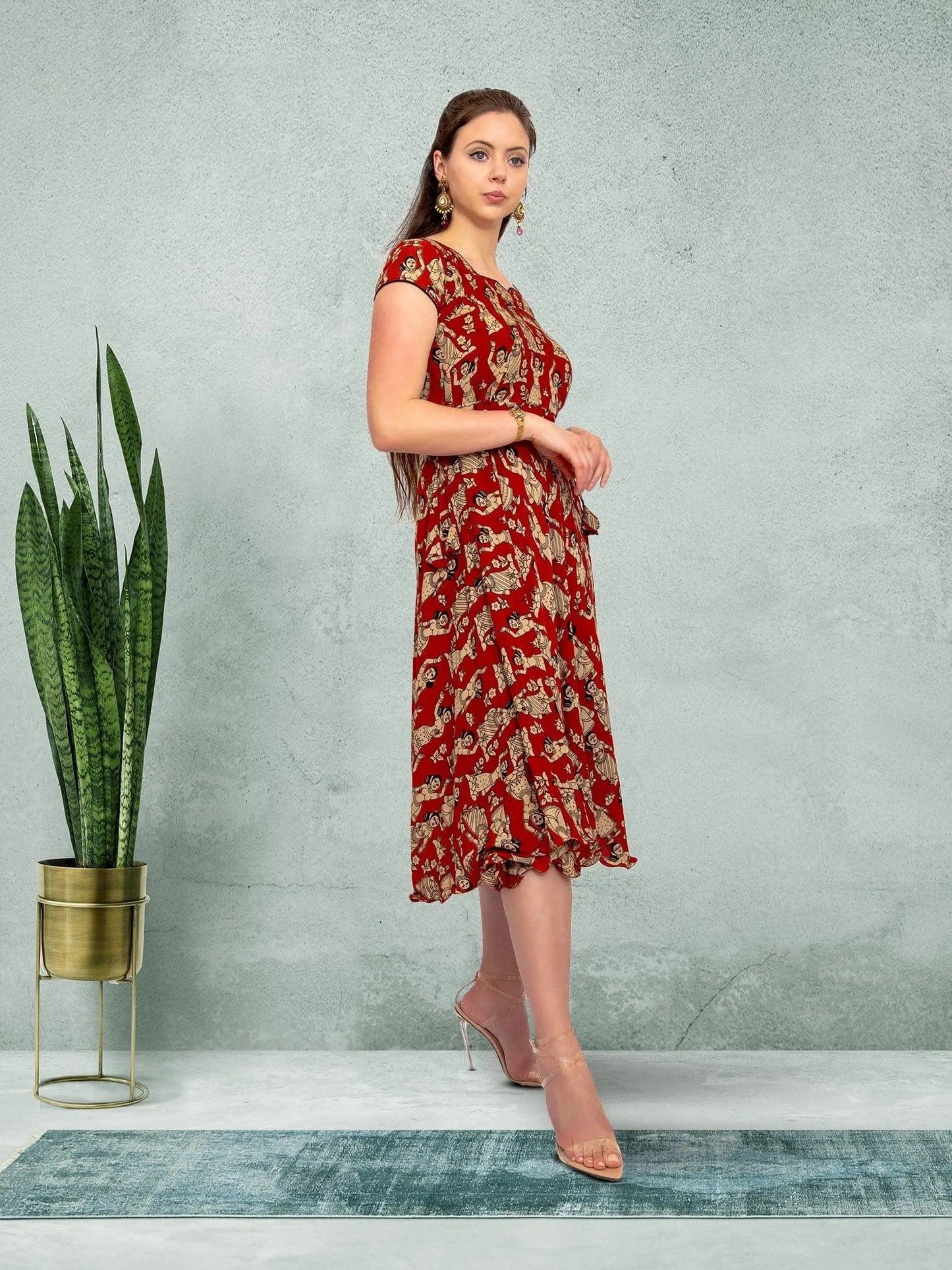 Red Knee Length Dress - Elegant Fusion Style  | Indian Contemporary Clothing  | indian outfits usa | Indian Ethnic Wear | Modern Indian Wear | Indian Attire For Women