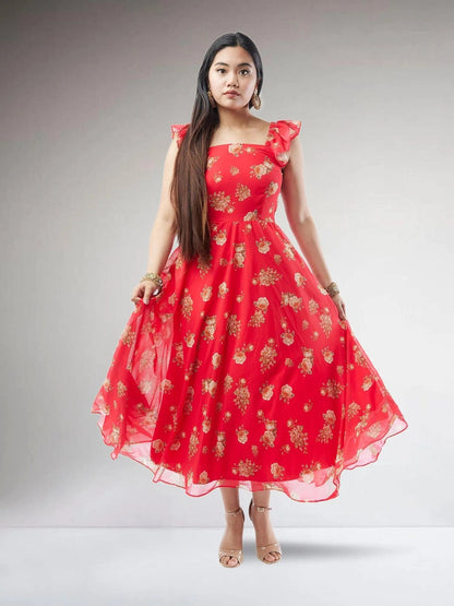 Red Printed Chiffon Ankle Length Indo Western Dress | Modern Indian Wear | Indian Attire For Women | indian outfits usa | Indo Western Outfits | indian clothing online usa