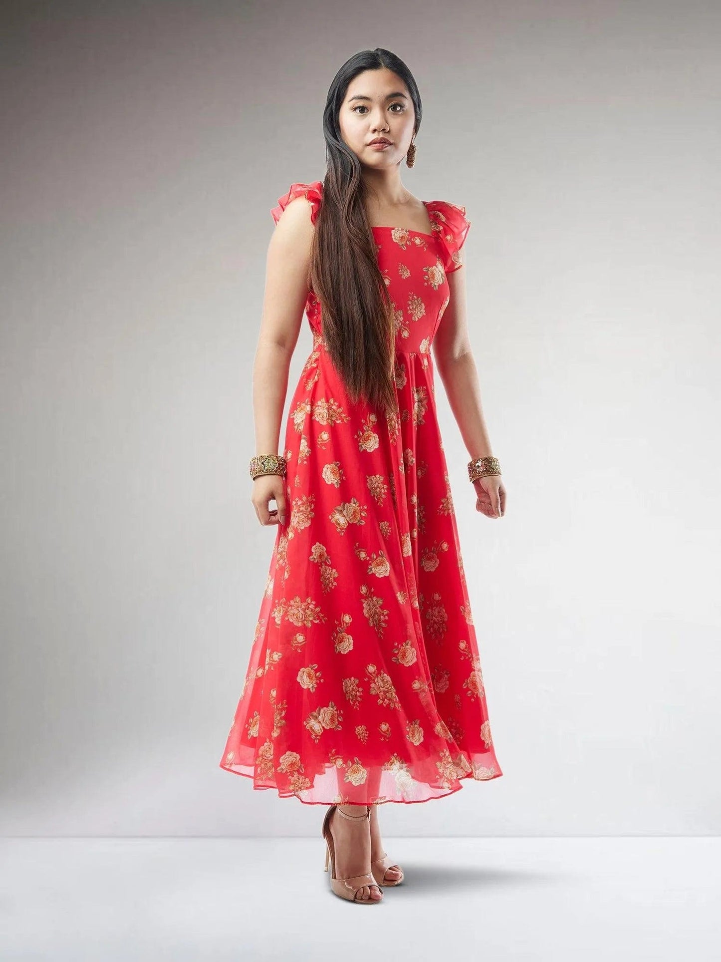 Red Printed Chiffon Ankle Length Indo Western Dress | Modern Indian Wear | Indian Attire For Women | indian outfits usa | Indo Western Outfits | indian clothing online usa