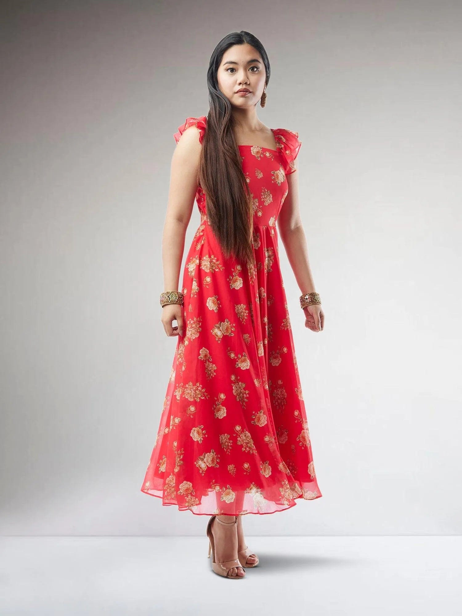 Red Printed Chiffon Ankle Length Indo Western Dress | Modern Indian Wear | Indian Attire For Women | indian outfits usa | Indo Western Outfits | indian clothing online usa