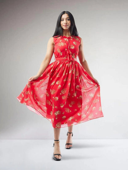 Red Printed Chiffon Knee Length Indo Western Dress | Modern Indian Wear | Indian Attire For Women | formal indian dress | Indo Western Outfits | indian wear usa 