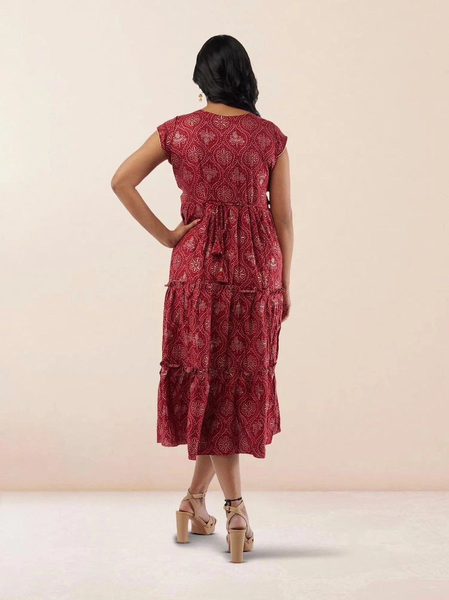 Red Printed Rayon Knee Length Tiered Dress | Indo Western Dress | Modern Indian Wear | festive indian wear | indian wear usa | Indo Western Outfits