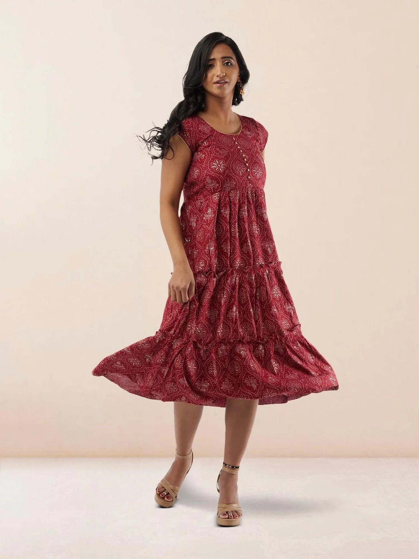 Red Printed Rayon Knee Length Tiered Dress | Indo Western Dress | Modern Indian Wear | festive indian wear | indian wear usa | Indo Western Outfits