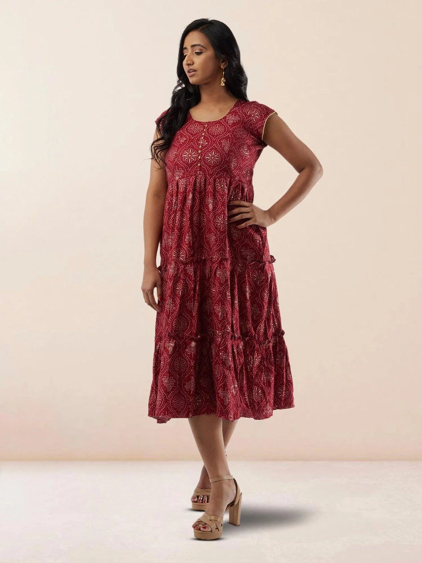 Red Printed Rayon Knee Length Tiered Dress | Indo Western Dress | Modern Indian Wear | festive indian wear | indian wear usa | Indo Western Outfits