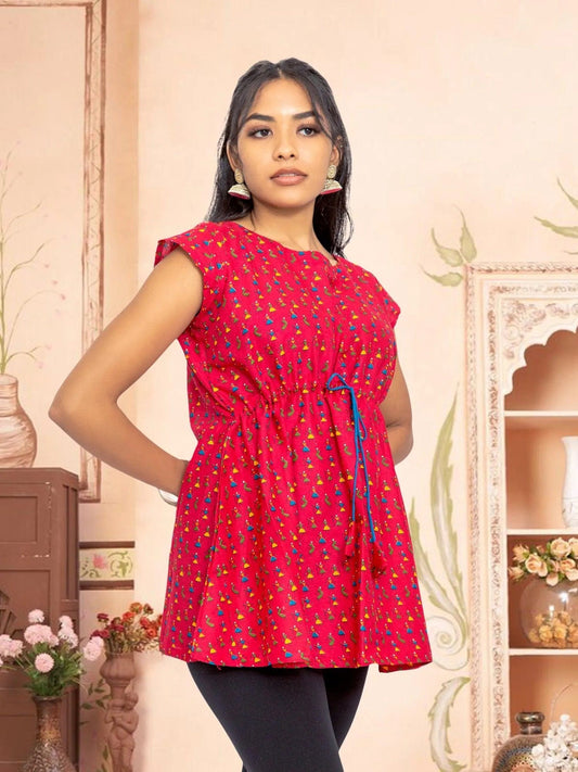 Red Printed Short Top | Casual Indian Attire For Women | Short Kurtis | Indian Wear for Women | Women's Tops | Indian Short Tops | Indian Wear for Women | Modern Indian Wear