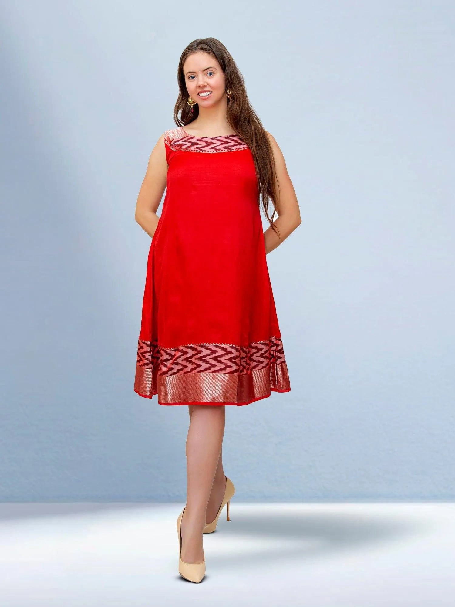 Red Silk Knee-Length Dress for Elegant Events | Muvvas Boutique Red Silk Knee-Length Dress for Elegant Events | Muvvas Boutique