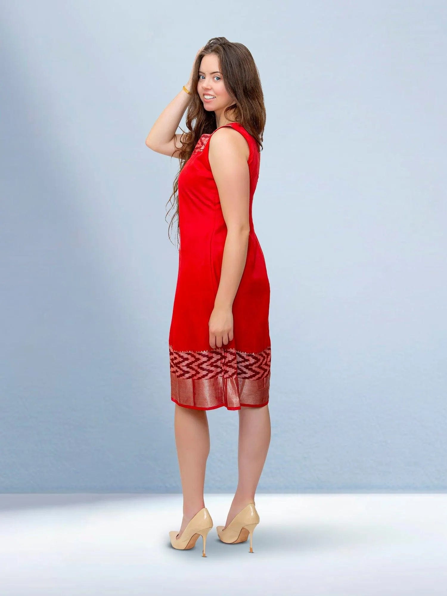 Red Silk Knee-Length Dress for Elegant Events | Muvvas Boutique Red Silk Knee-Length Dress for Elegant Events | Muvvas Boutique