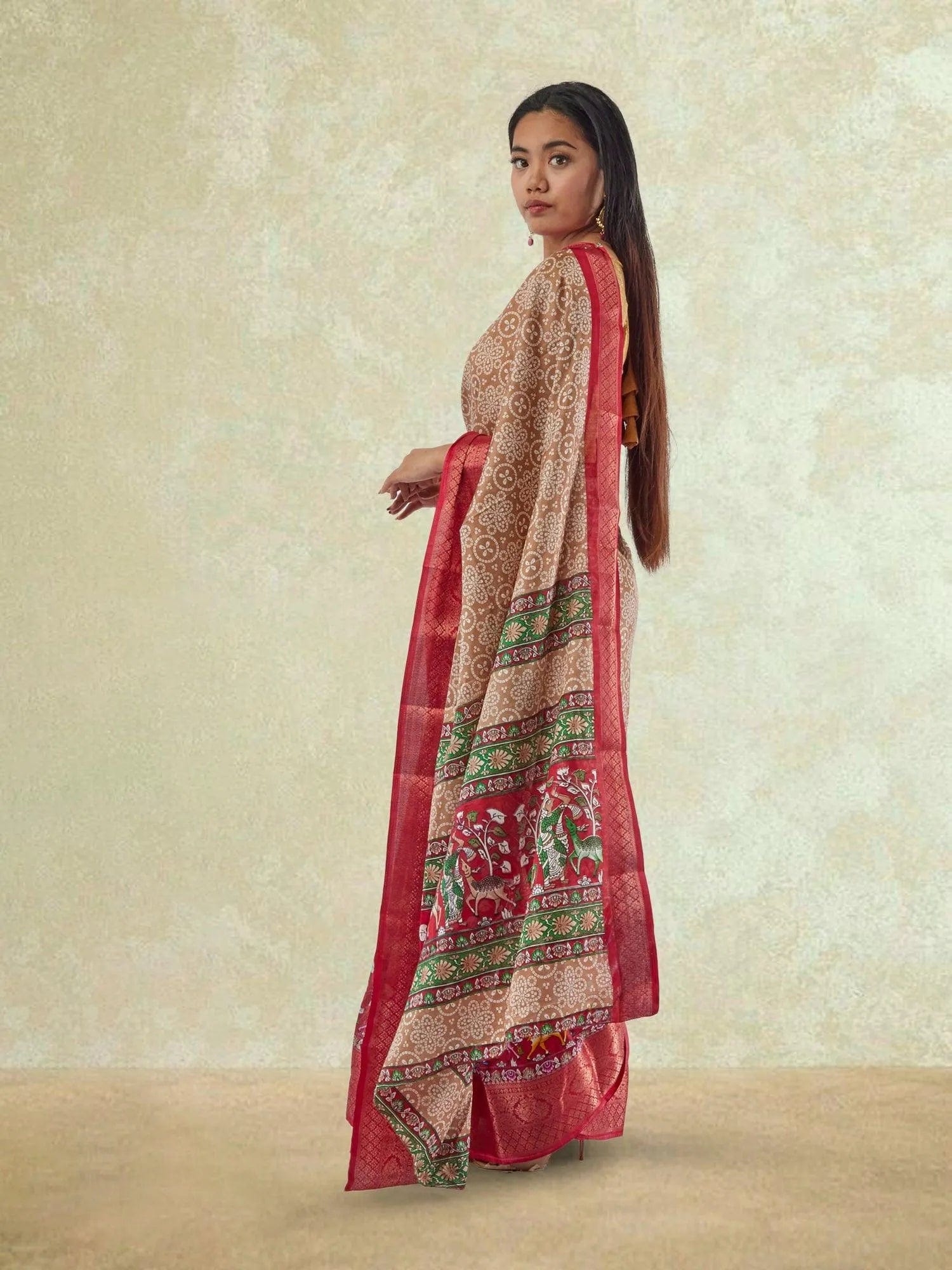 Brown and Red Printed Dola Silk Saree | Wedding Saree Indian | Sarees Online USA | Sarees From India