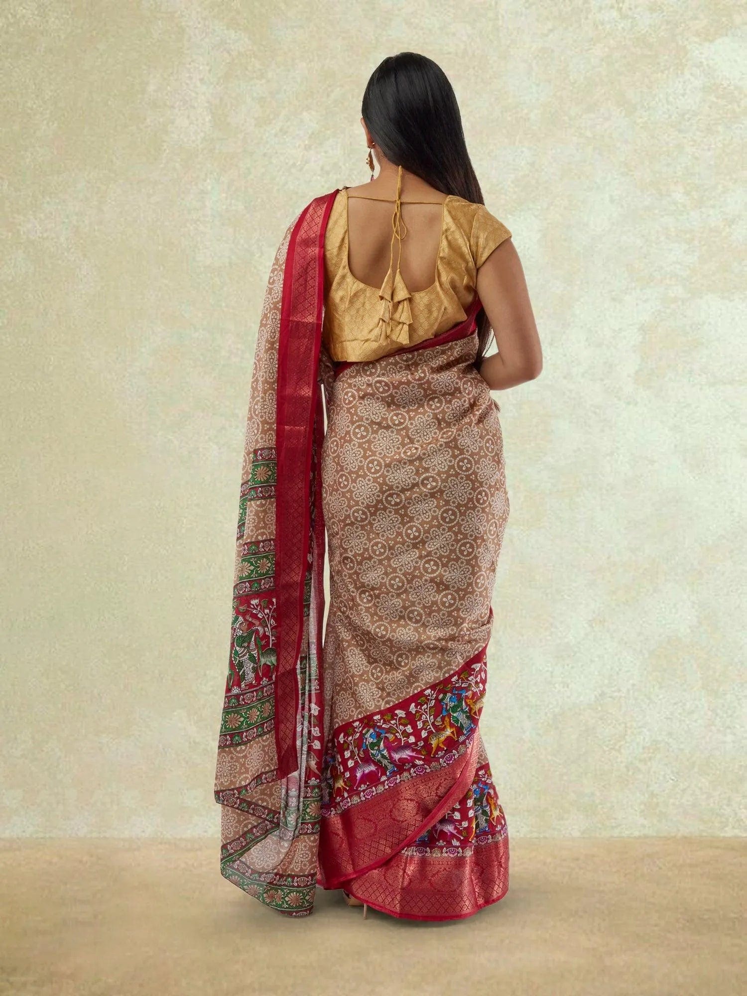 Brown and Red Printed Dola Silk Saree | Wedding Saree Indian | Sarees Online USA | Sarees From India