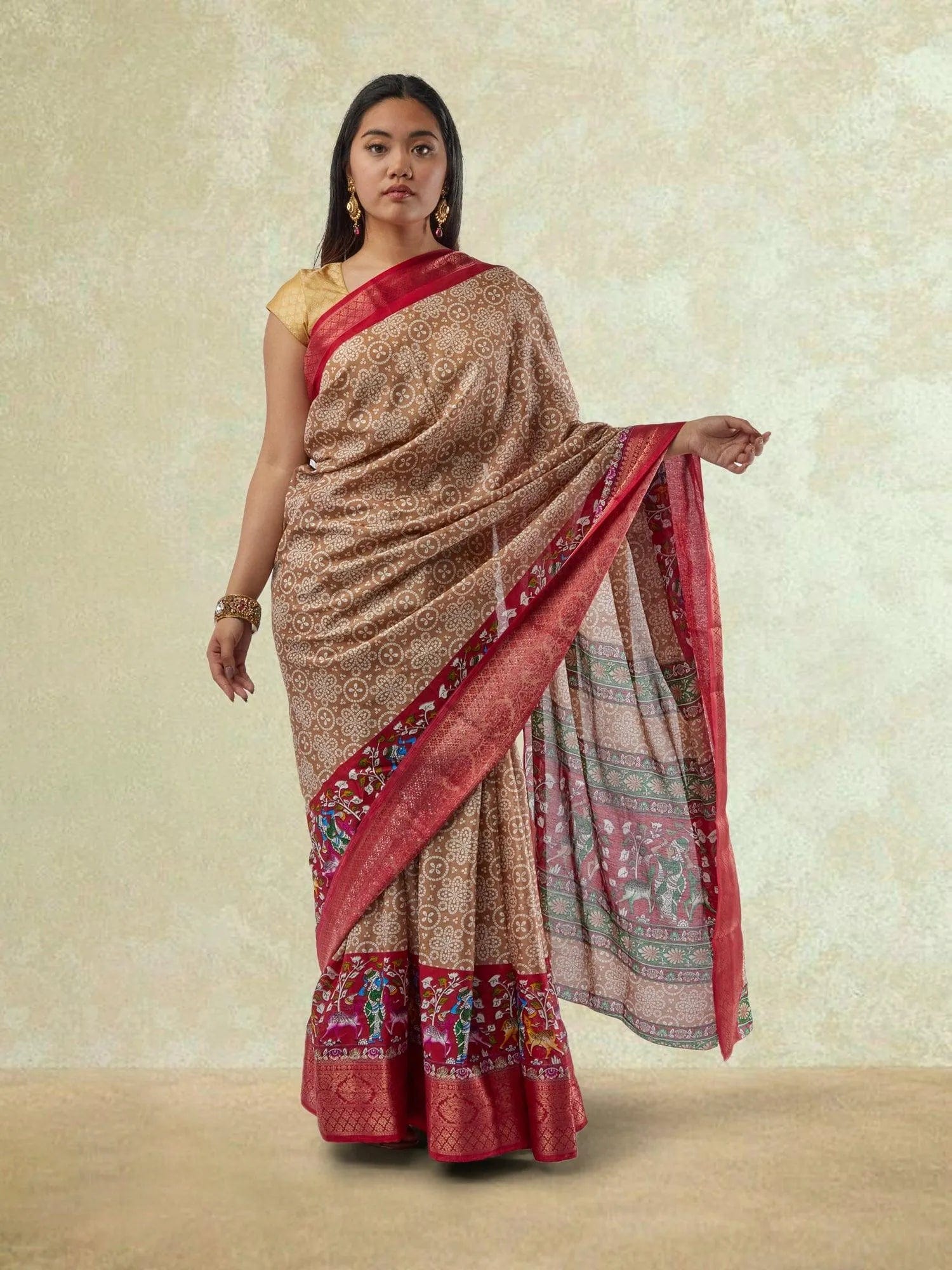 Brown and Red Printed Dola Silk Saree | Wedding Saree Indian | Sarees Online USA | Sarees From India