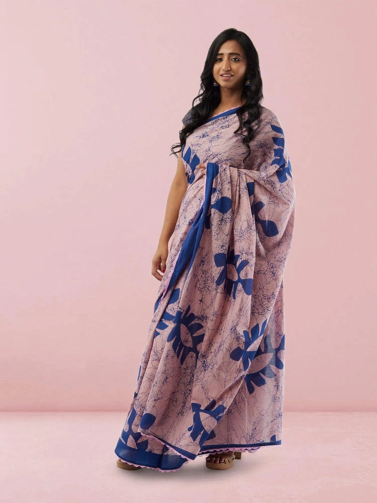 Pink with Blue Print Jaipur Cotton Saree | Sarees Online USA | Indian Ethnic Wear | Sarees From India