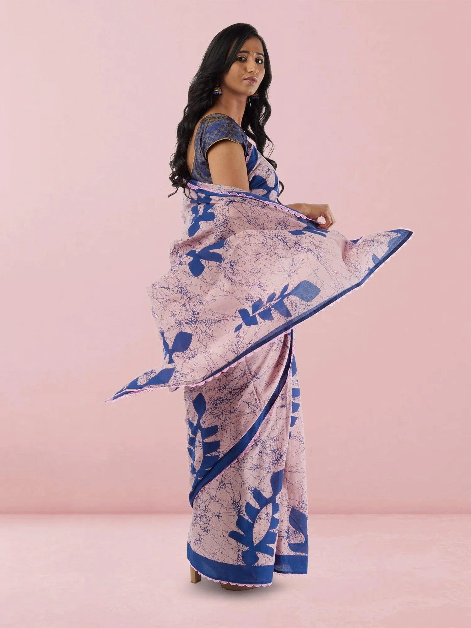 Pink with Blue Print Jaipur Cotton Saree | Sarees Online USA | Indian Ethnic Wear | Sarees From India