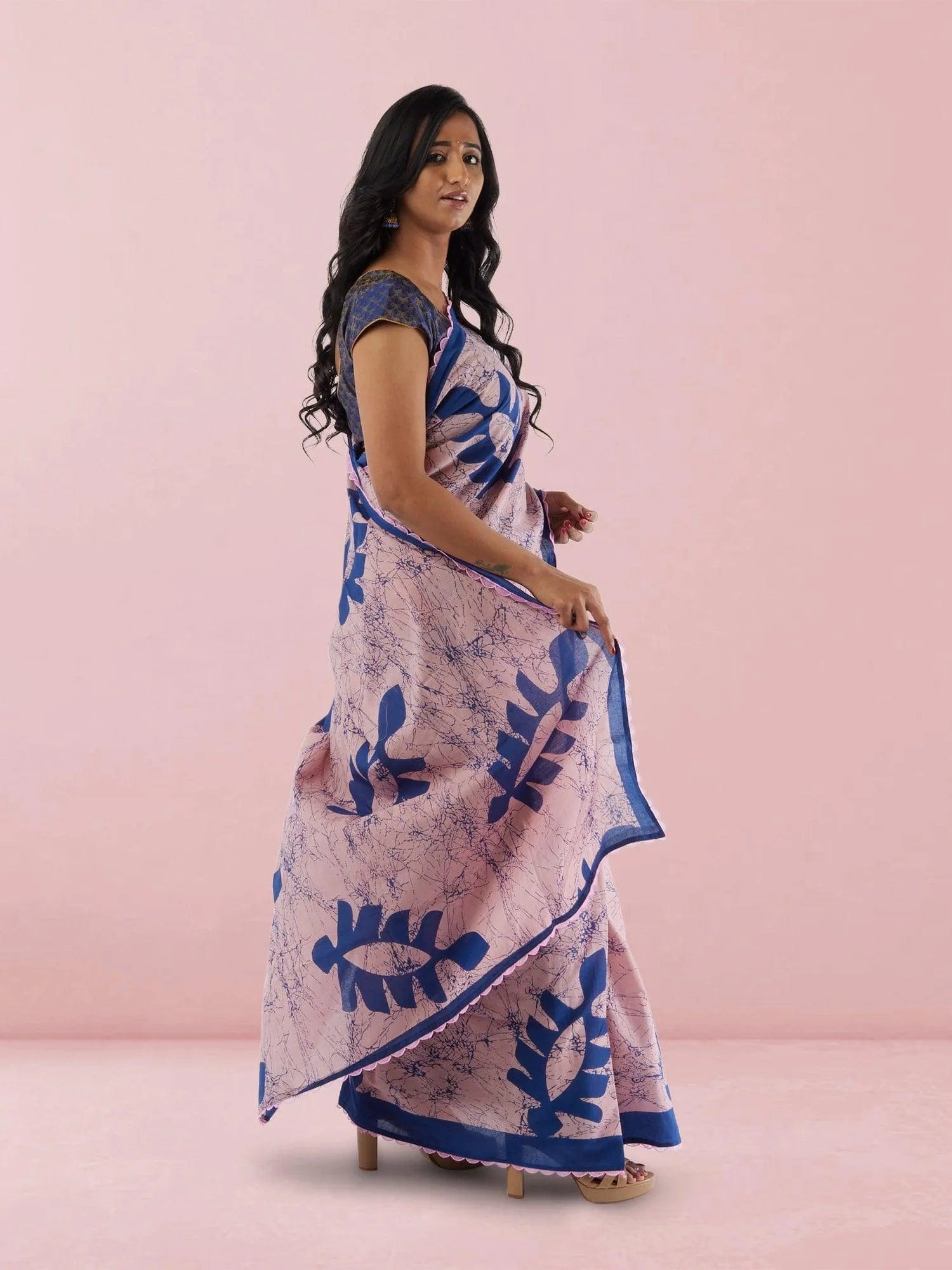 Pink with Blue Print Jaipur Cotton Saree | Sarees Online USA | Indian Ethnic Wear | Sarees From India