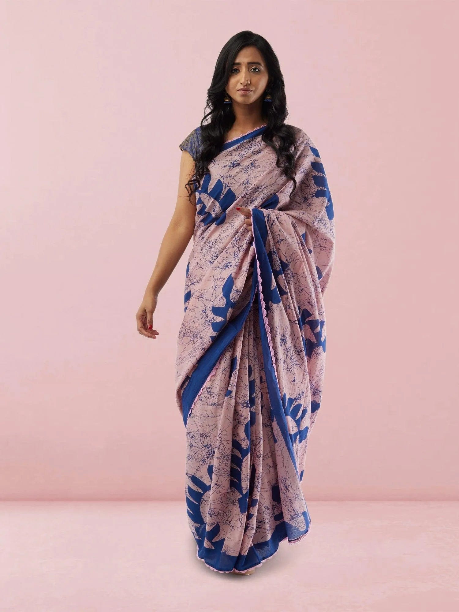 Pink with Blue Print Jaipur Cotton Saree | Sarees Online USA | Indian Ethnic Wear | Sarees From India