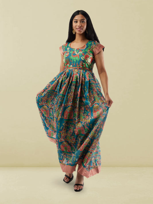 Tranquil Threads - Blue Kalankari Print Ankle Length Dress | Indo Western Dress for Indian Festive Events | Muvvas Boutique
