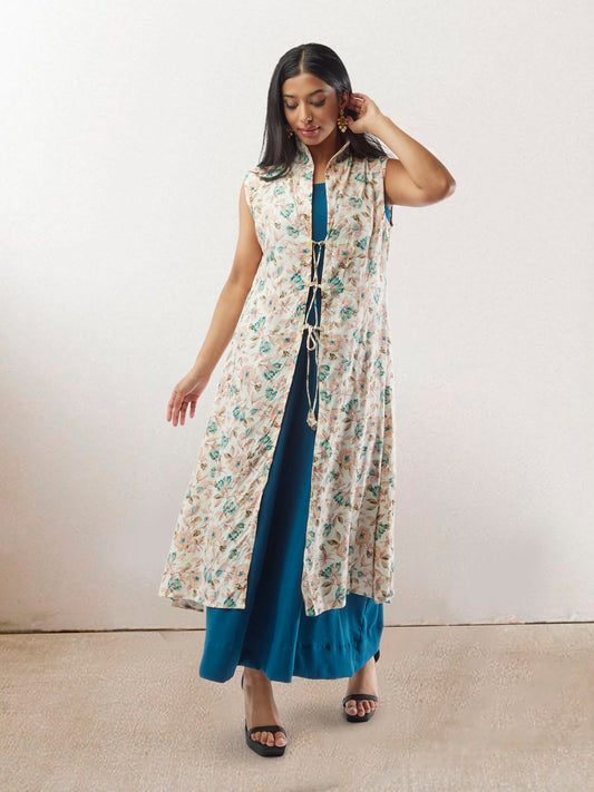 Tranquil Threads - Blue and White Two Piece Rayon Layered Dress | Indo Western Style for Women | Muvvas Boutique