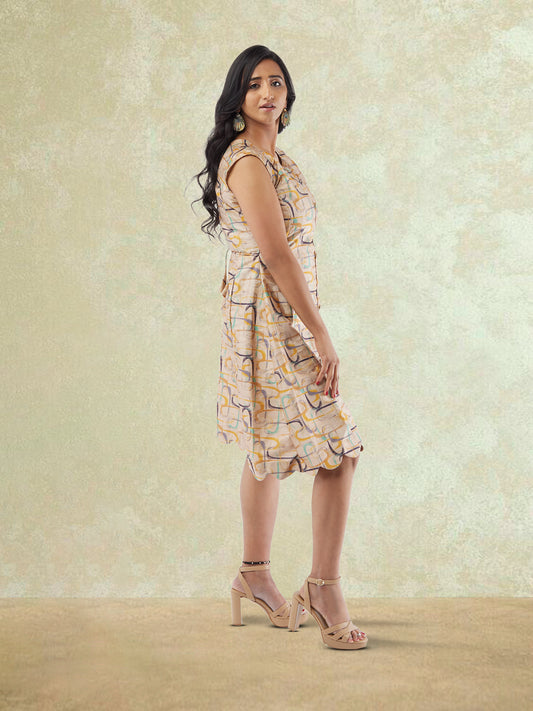 Cream Geometrical Print Raw Silk Knee Length Dress | Indo Western Dress 