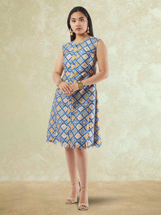 Cream and Blue Printed Raw Silk Knee Length Dress | Indo Western Dress 