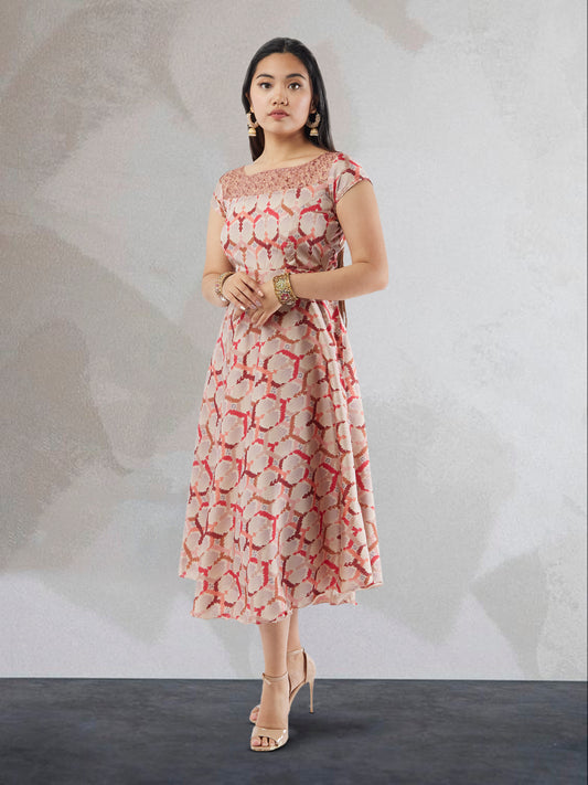 Tranquil Threads - Cream and Red Printed Silk Knee Length Dress