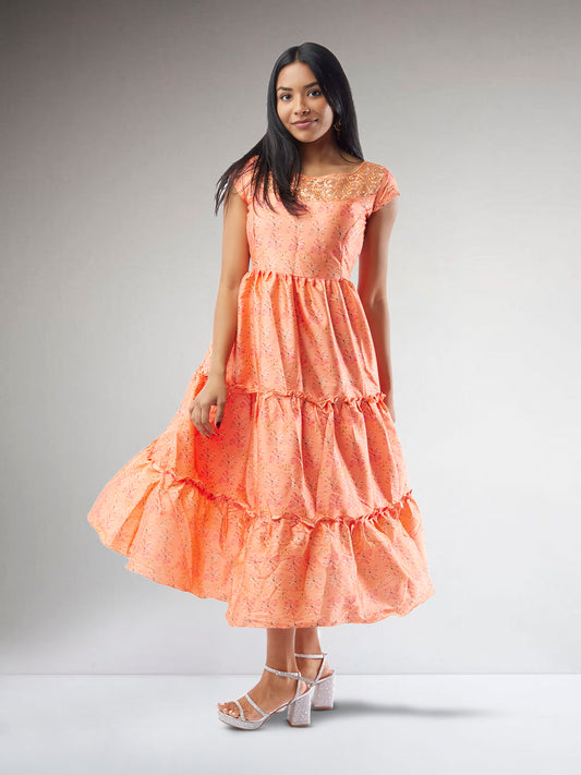 Tranquil Threads - Orange Printed Silk Knee Length Tiered Dress