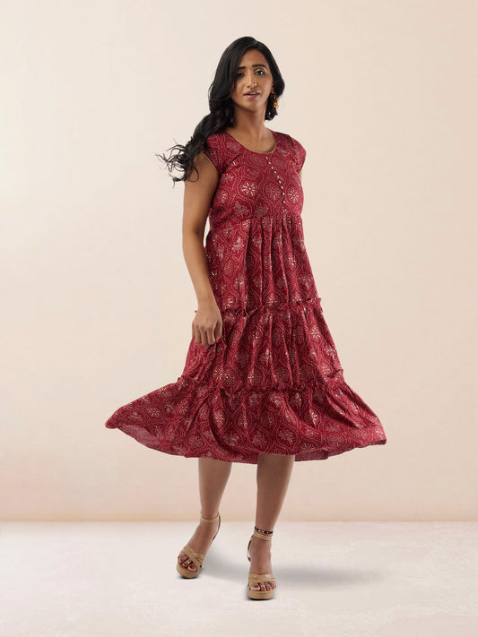 Tranquil Threads - Red Printed Rayon Knee Length Tiered Dress
