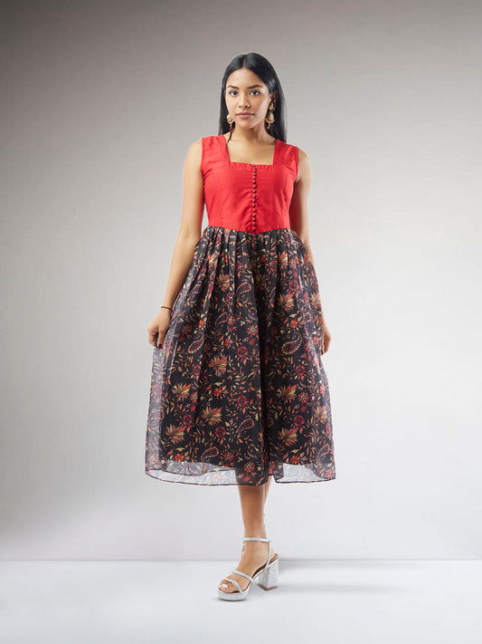 Vibrant Verve - Black and Red Chanderi Printed Indo Western Dress