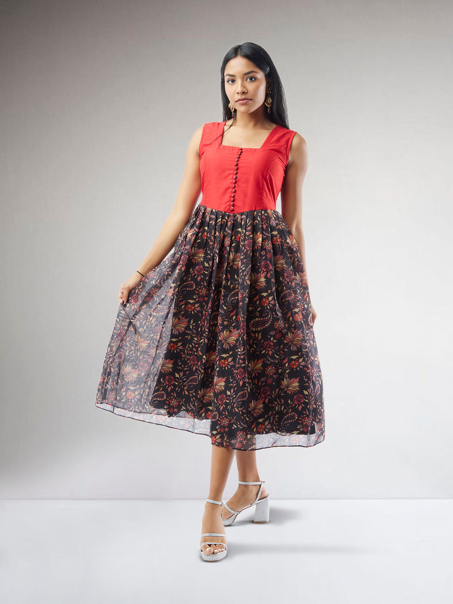 Black and Red Chanderi Printed Indo Western Dress