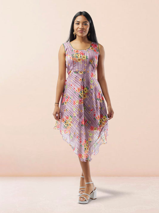 Vibrant Verve - Lavender Floral Printed Chiffon Knee Length Indo Western Dress