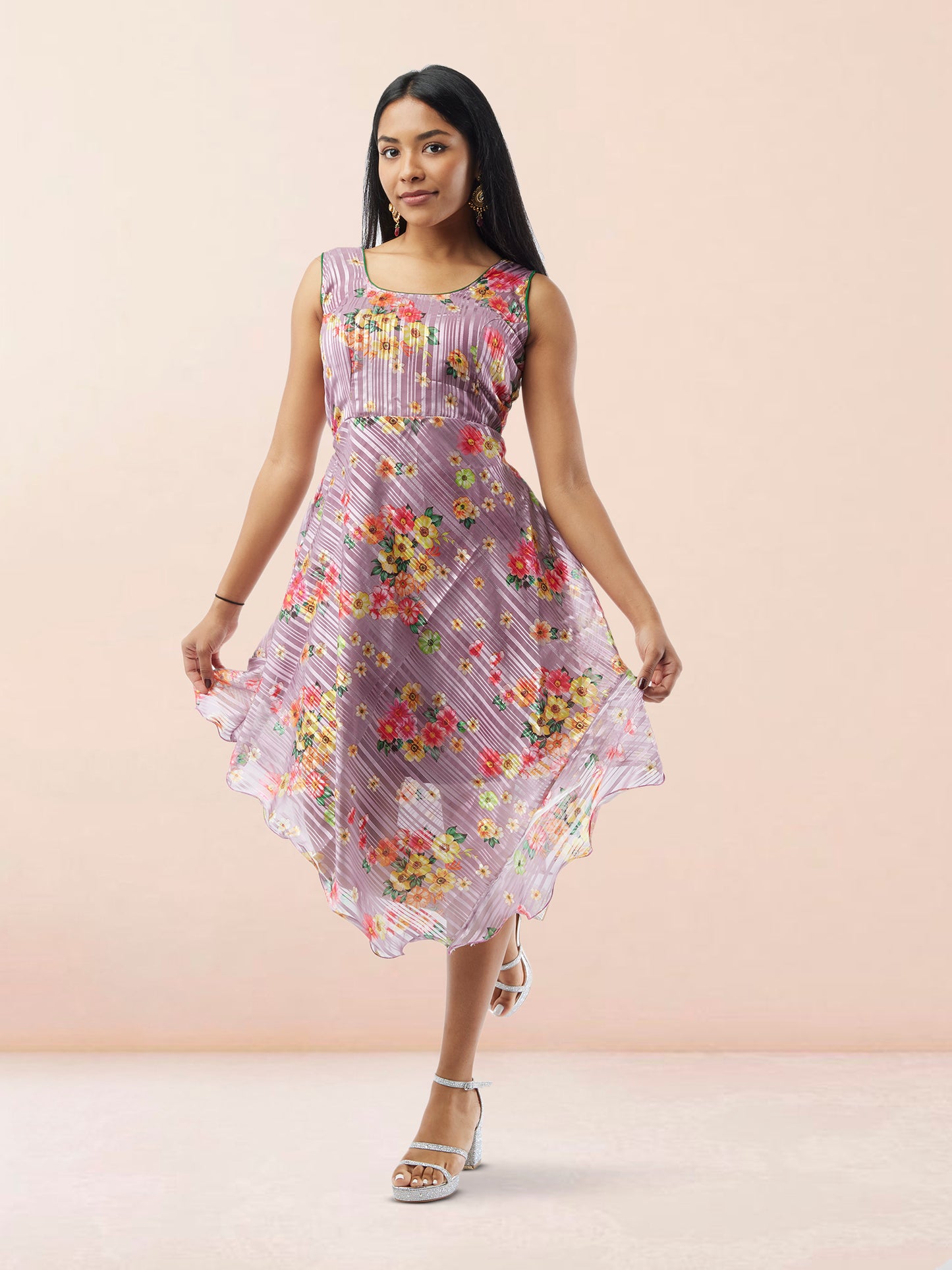 Lavender Floral Printed Chiffon Knee Length Indo Western Dress