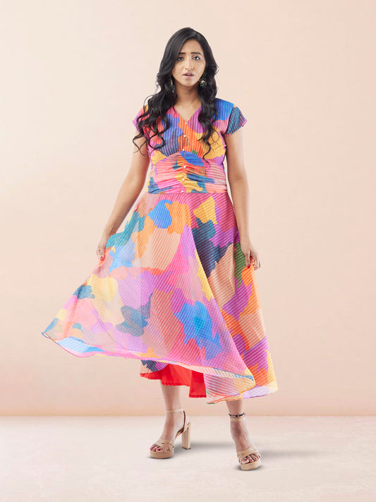 Multicolor Organza Dress with Beads | Indo Western Dress