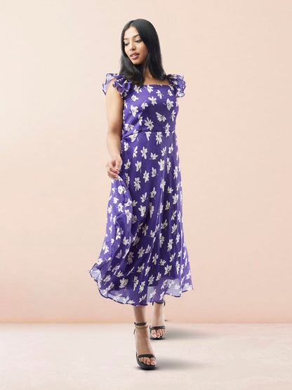 Purple Floral Printed Chiffon Ankle Length Indo Western Dress