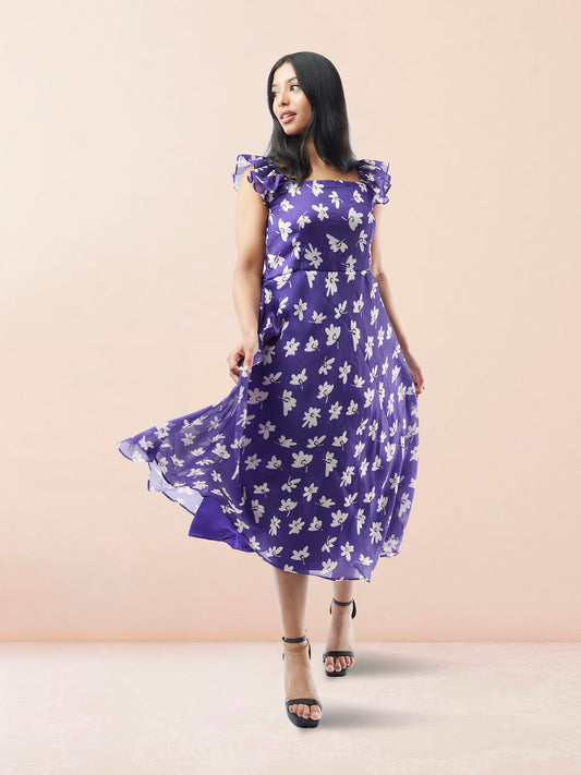 Vibrant Verve - Purple Floral Printed Chiffon Ankle Length Indo Western Dress
