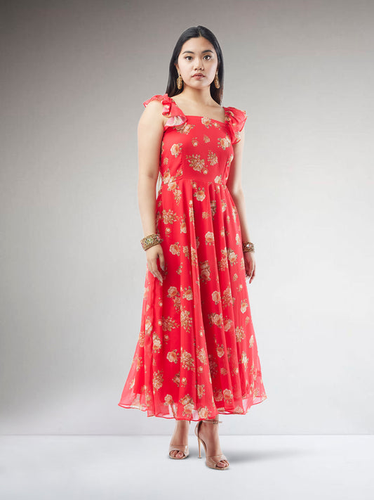Vibrant Verve - Red Printed Chiffon Ankle Length Indo Western Dress