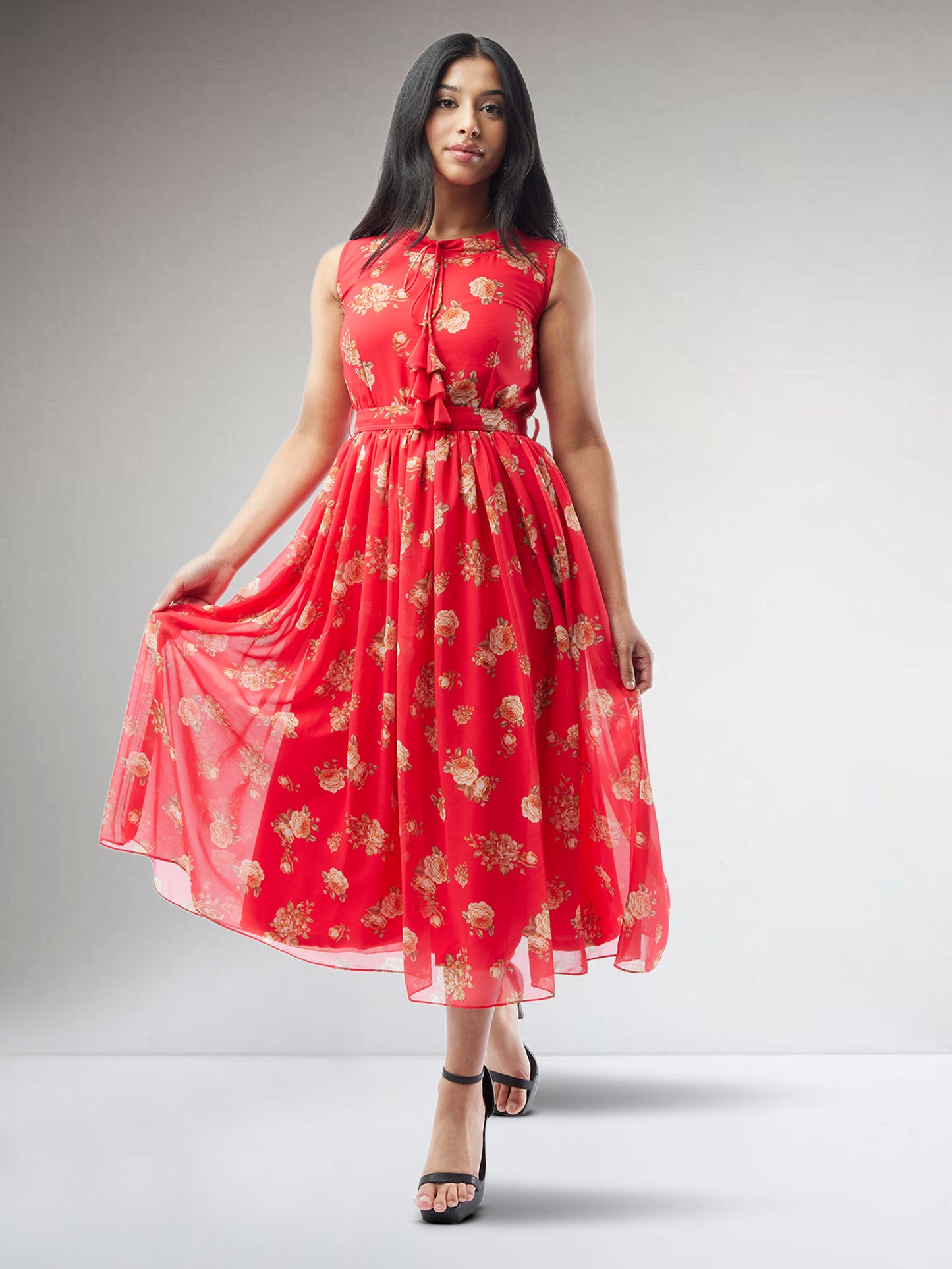 Red Printed Chiffon Knee Length Indo Western Dress