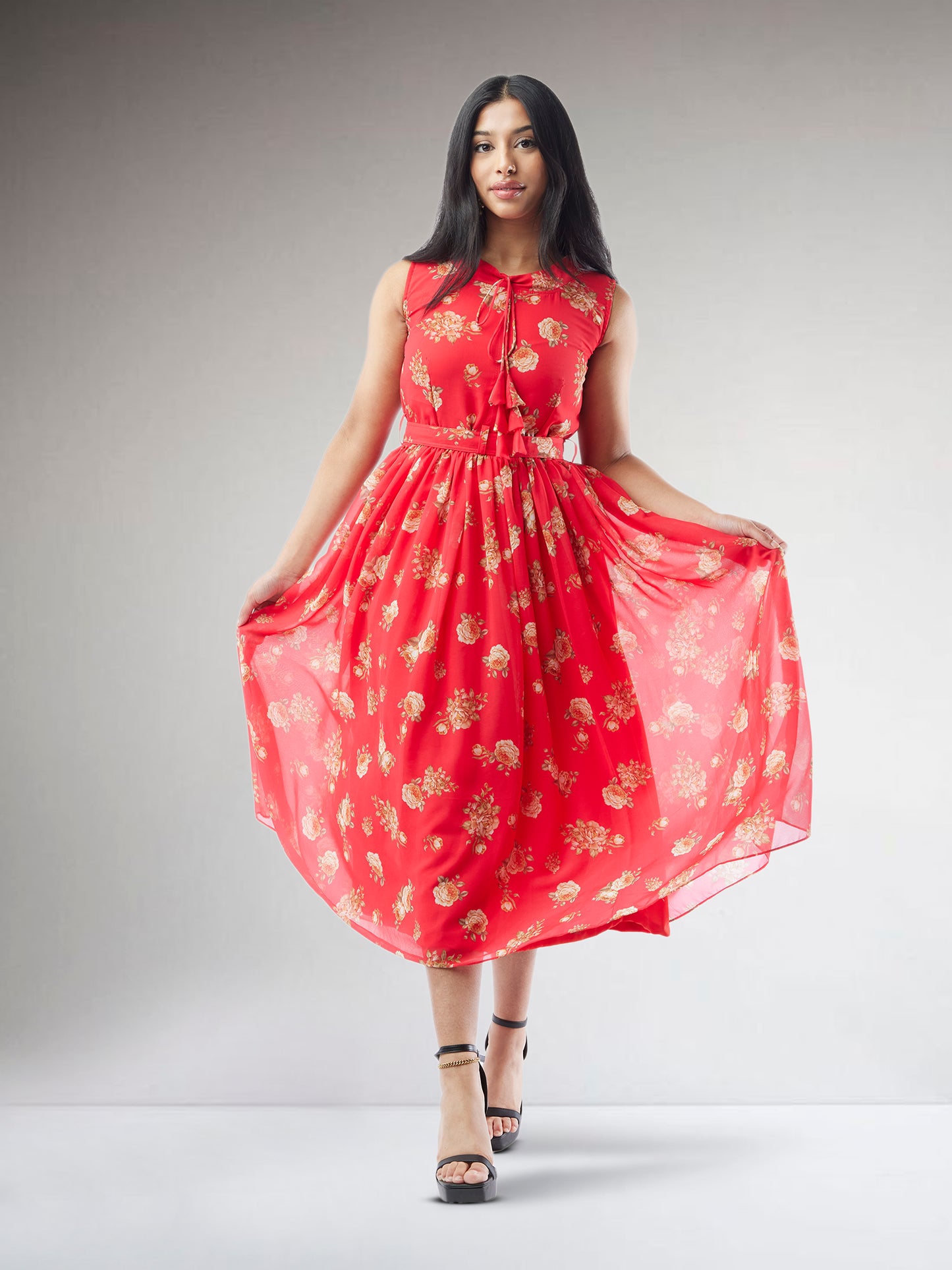Red Printed Chiffon Knee Length Indo Western Dress