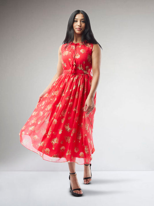 Vibrant Verve - Red Printed Chiffon Knee Length Indo Western Dress