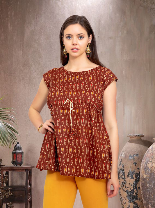 Brown and Red Printed Short Top - Women's Top | Muvvas Boutique