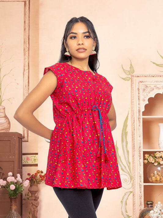 Red Printed Short Top - Women's Tops Desi Style