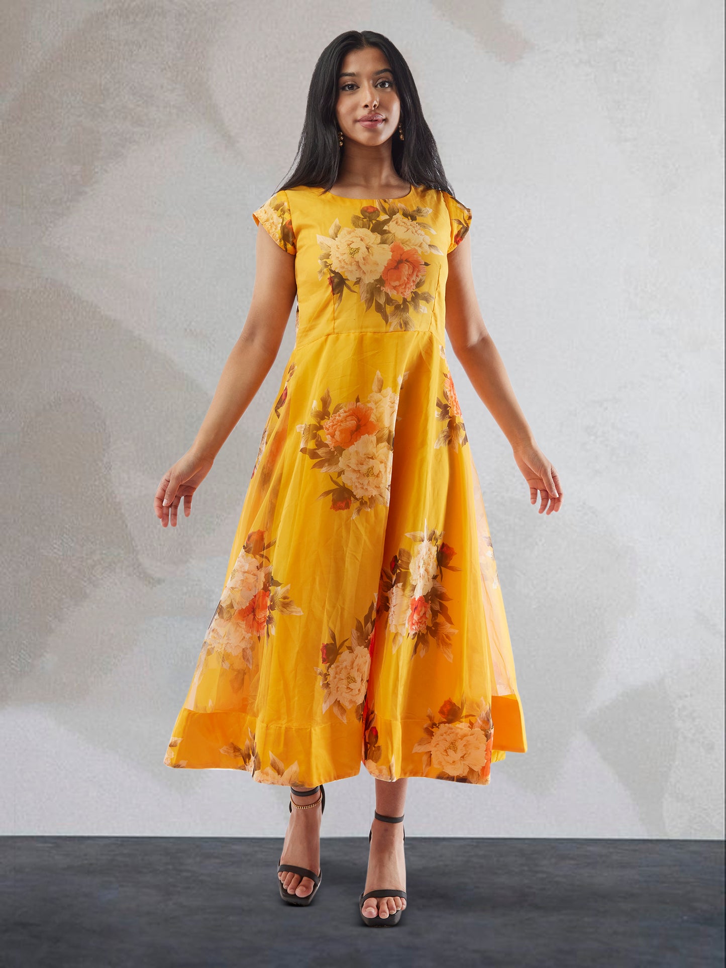 Yellow Floral Print Organza Below Knee Length Dress | Indo Western Dress