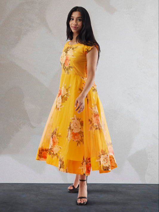 Vibrant Verve - Yellow Floral Print Organza Below Knee Length Dress