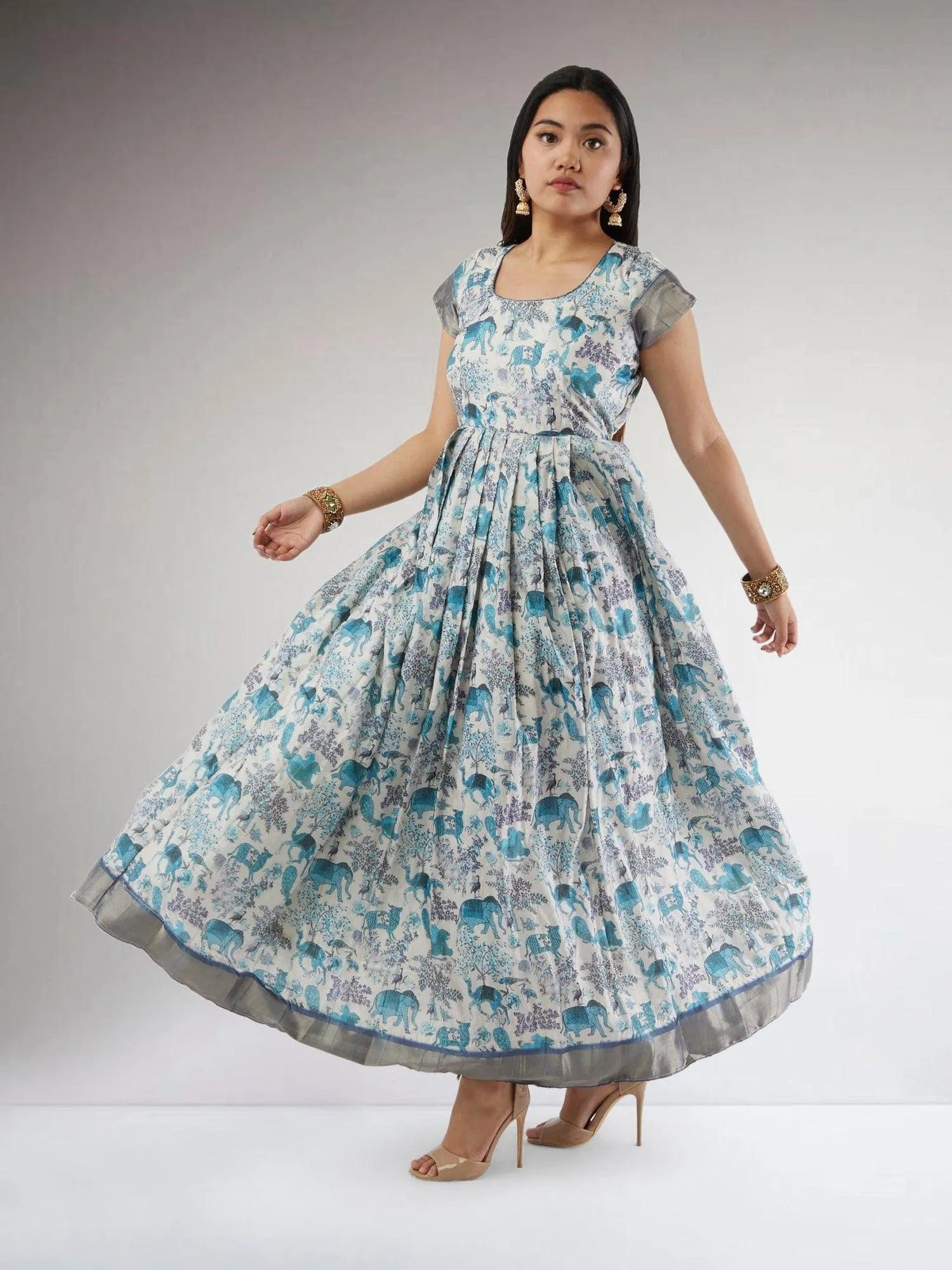 White and Blue Kalankari Print Ankle Length Dress | Indo Western Dress | Modern Indian Wear | festive indian wear | indian wear usa | Indo Western Outfits