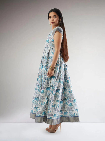 White and Blue Kalankari Print Ankle Length Dress | Indo Western Dress | Modern Indian Wear | festive indian wear | indian wear usa | Indo Western Outfits