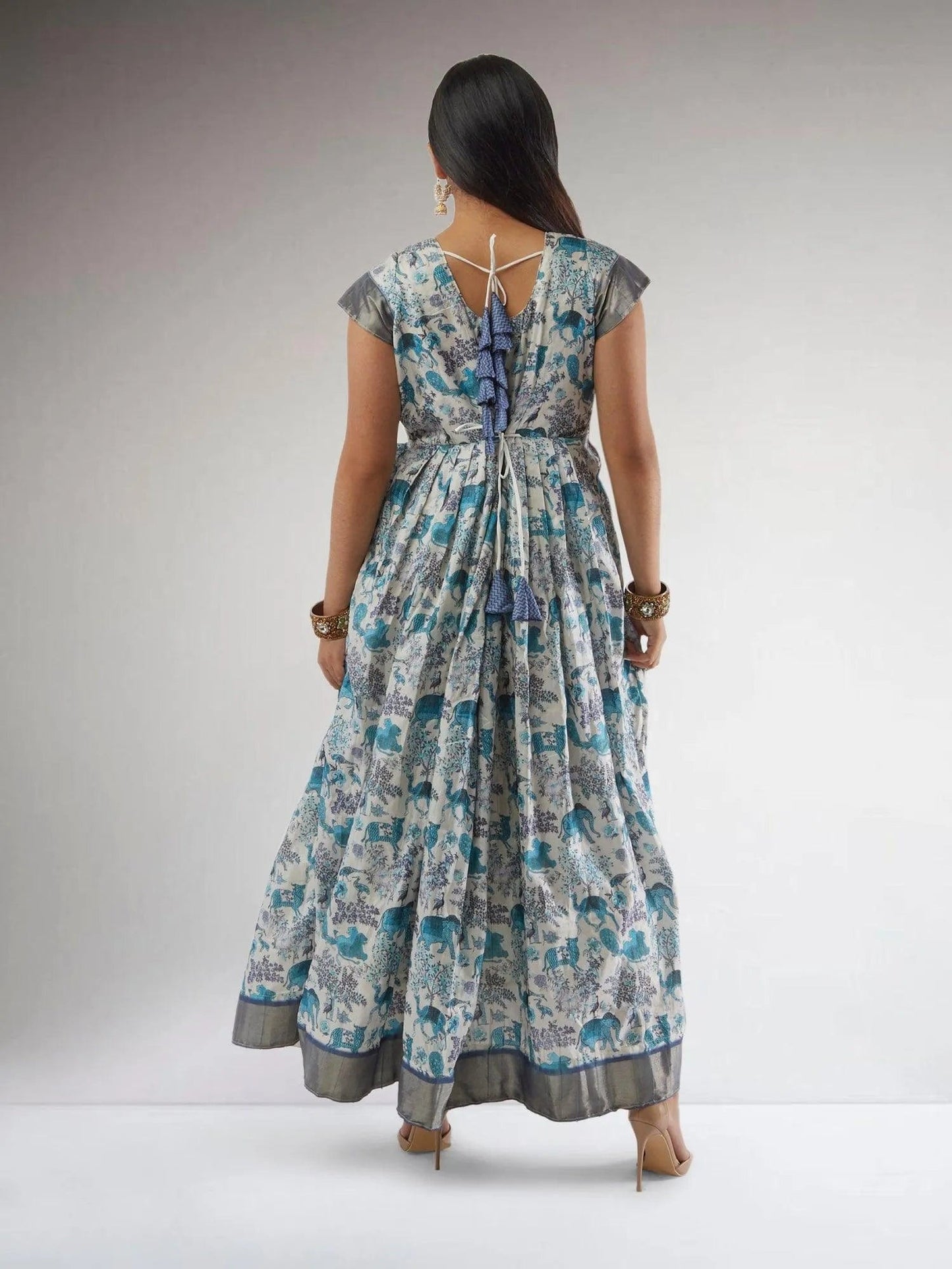 White and Blue Kalankari Print Ankle Length Dress | Indo Western Dress | Modern Indian Wear | festive indian wear | indian wear usa | Indo Western Outfits